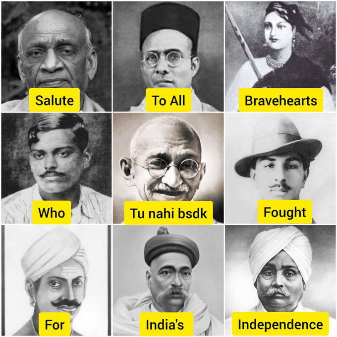 "Saulte To All Breavehearts Who Fought For India's Independence"라는 이미지와 함께 여러 인도인의 흑백사진이 배열되어 있고, 그 가운데에 간디의 초상화와 "Tu naki bdsk"라는 라벨이 붙어 있다.