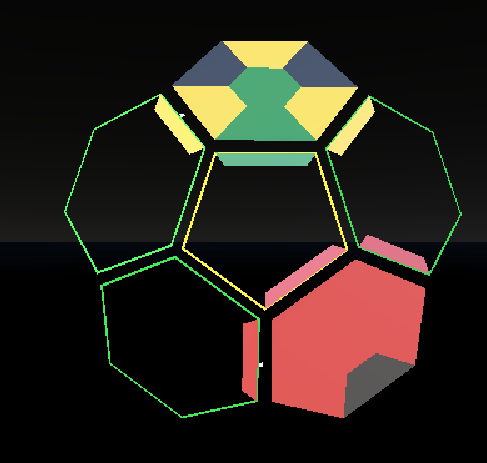오각형을 둘러 싼 다섯 개의 육각형에, 노란색, 검은색, 녹색, 빨간색 등이 채워진 타일이 채워져 있다.