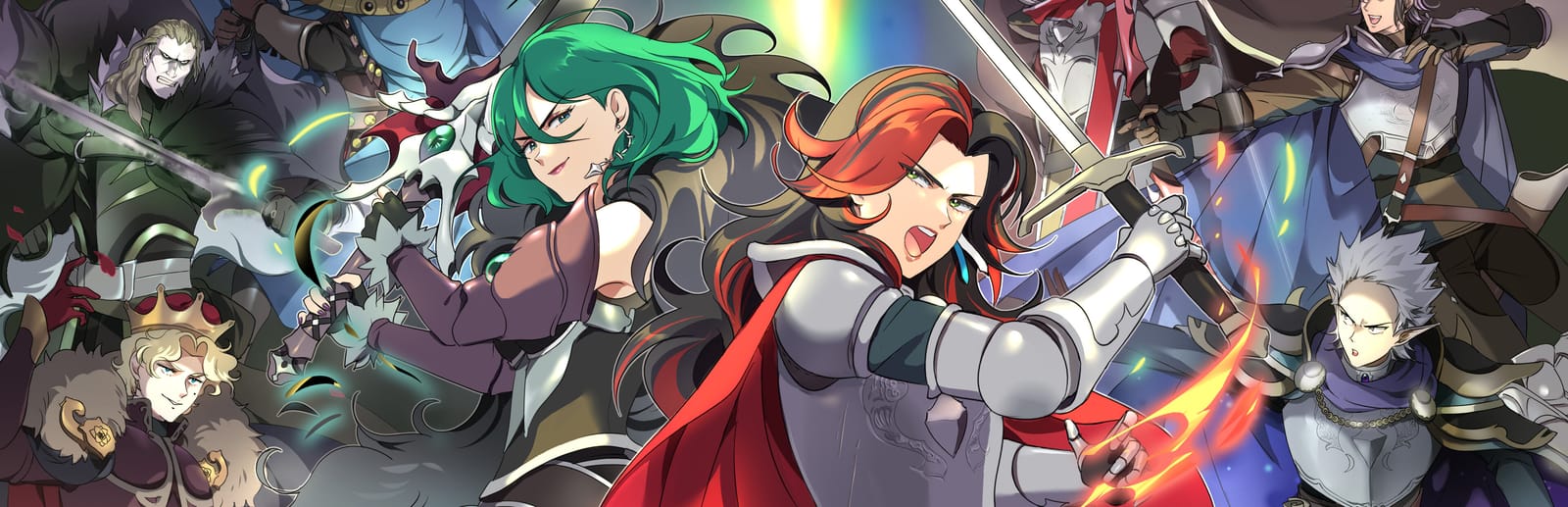 게임 『Dark Deity 2』의 콘셉트 아트. 등지고 전투 자세를 취한 두 검사와 그 주변의 여러 캐릭터들.