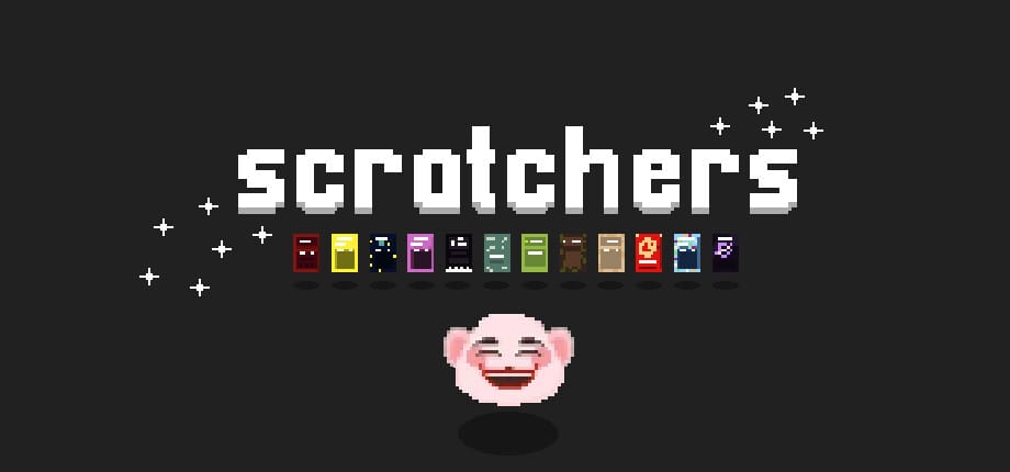 게임 『Scratchers』의 로고. 웃는 마스코트 캐릭터와 함께 제목, 스크래치 복권 들로 꾸며져 있다.