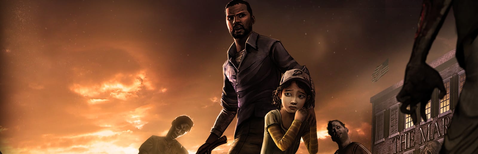 게임 『The Walking Dead』의 콘셉트 이미지. 노을을 배경으로 흑인 남성과 백인 어린아이가 좀비들에 둘러싸여 있다.