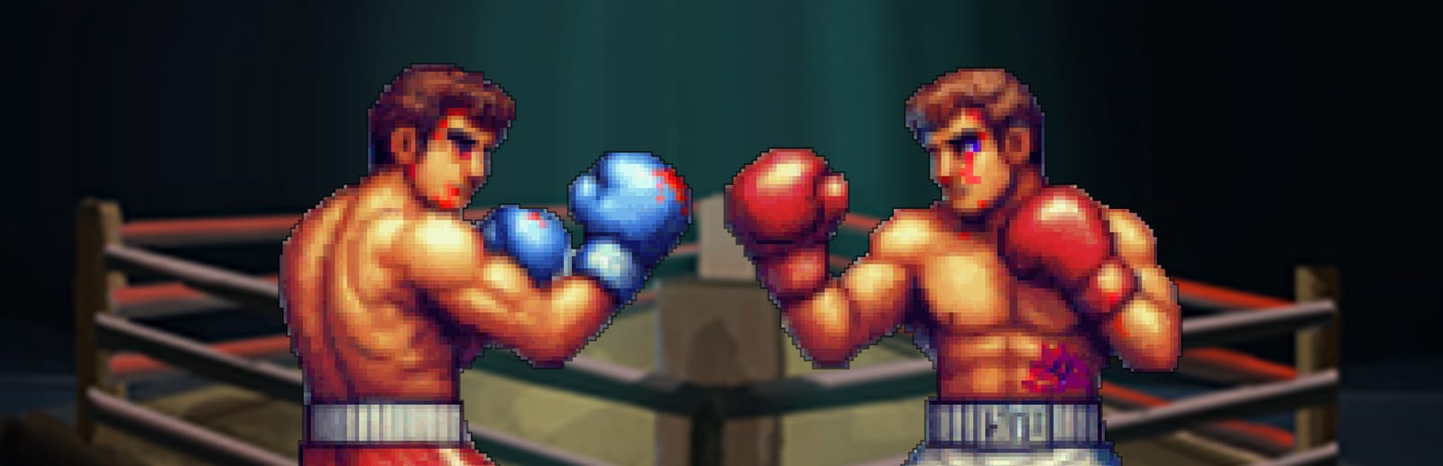 게임 『Turn Based Boxing』의 콘셉트 아트. 링을 배경으로 해상도가 낮게 표현된 두 명의 복서가 상처입은 채로 파이팅 포즈를 취하고 있다.
