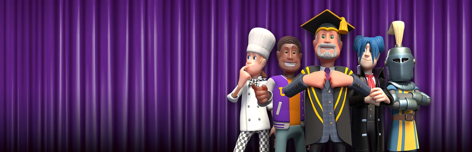 게임 『Two Point Campus』의 콘셉트 이미지. 보라색 커튼을 배경으로 학사모를 쓴 노인과 다양한 젊은이들이 서 있는 모습.