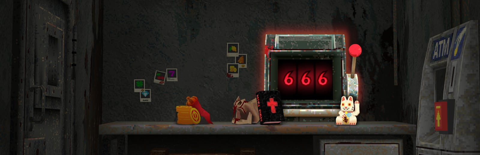 게임 『CloverPit』의 콘셉트 아트. 닫힌 철문과 ATM, 666이라고 적힌 슬롯머신과 여러 소품이 놓인 좁은 방의 이미지. 