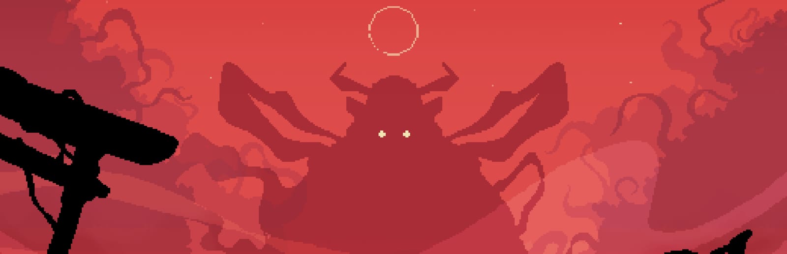 게임 『Shogun Showdown』의 콘셉트 이미지. 붉은 하늘에 지렁이같은 것들이 꿈틀거리고 전국시대의 갑옷의 그림자에서 두 눈이 빛나고 있는 모습.