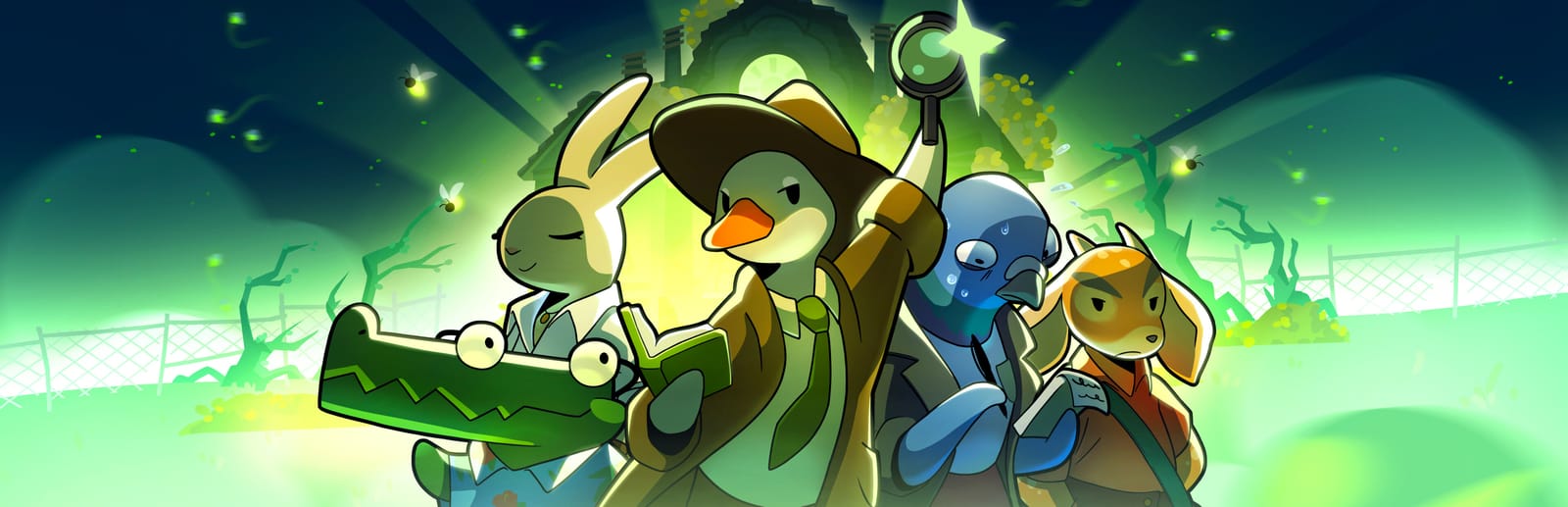 게임 『Duck Detective: The Secret Salami』의 콘셉트 아트. 트렌치 코트를 입고 수첩을 든 오리를 중심으로 의인화된 오리, 토끼, 비둘기, 가젤 등의 캐릭터가 있다.
