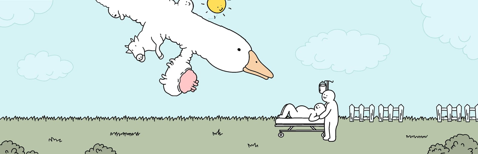 게임 『정신거위』의 Demo판 콘셉트 이미지. 초원의 병원 침대에 누워 있는 임산부와 배우자, 그리고 하늘에서 내려오는 거대한 괴물 거위의 모습.