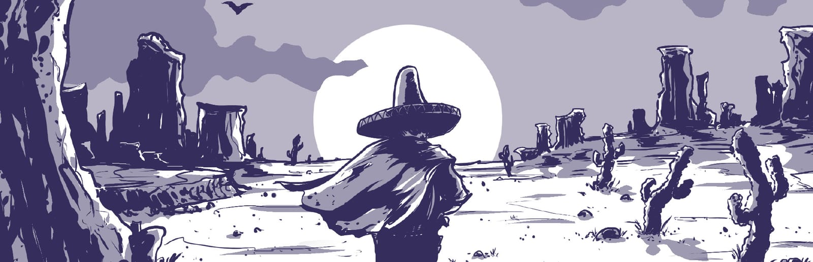 게임 『12 is Better Than 6』의 콘셉트 아트. 황야에 석양을 보고 선 볼레로를 쓴 남성의 뒷모습이 모노톤으로 묘사된 그림.