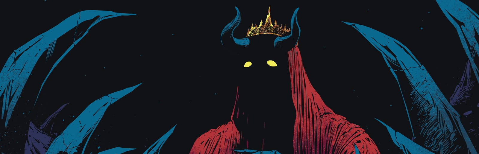 게임 『히 이즈 커밍』의 콘셉트 아트. 어두운 배경에 뿔이 나고 왕관을 쓰고 붉은 망토를 입은 어두운 인물이 눈만 빛나게 보이는 모습.