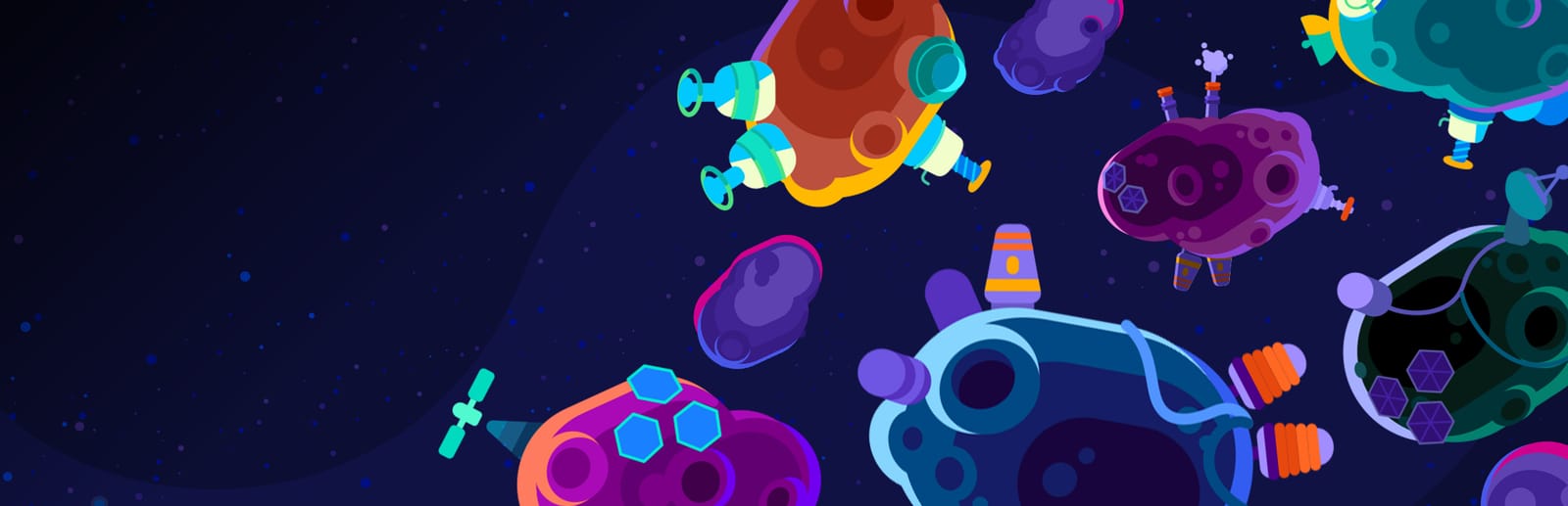 게임 『Star Birds』의 콘셉트 아트. 우주의 갖가지 모양의 소행성에 이런저런 미래적 시설이 설치된 모습.