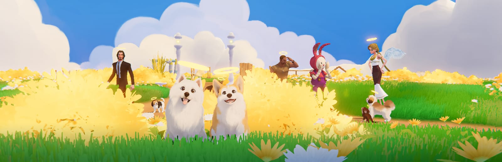 게임 『마이 리틀 퍼피』의 콘셉트 아트. 천국같은 초원에 머리에 천사 고리가 달린 사람과 개들이 있는 모습.