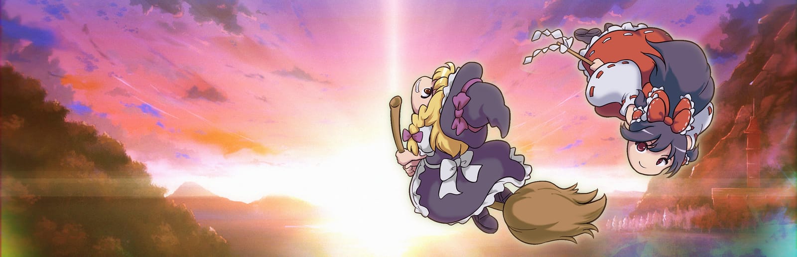 게임 『환상소녀대전 - DREAM OF THE STRAY DREAMER -』의 콘셉트 이미지. 노을이 빛나는 하늘을 배경으로 두 소녀가 서로를 쫓듯 원형으로 비행하고 있는 모습.