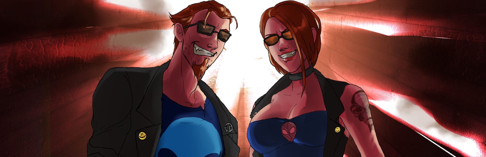 게임 『POOSTALL Royale』의 콘셉트 이미지. 붉은 며리, 선글라스, 가죽 재킷을 입은 남녀가 사악하게 웃으며 내려다보는 구도의 그림.