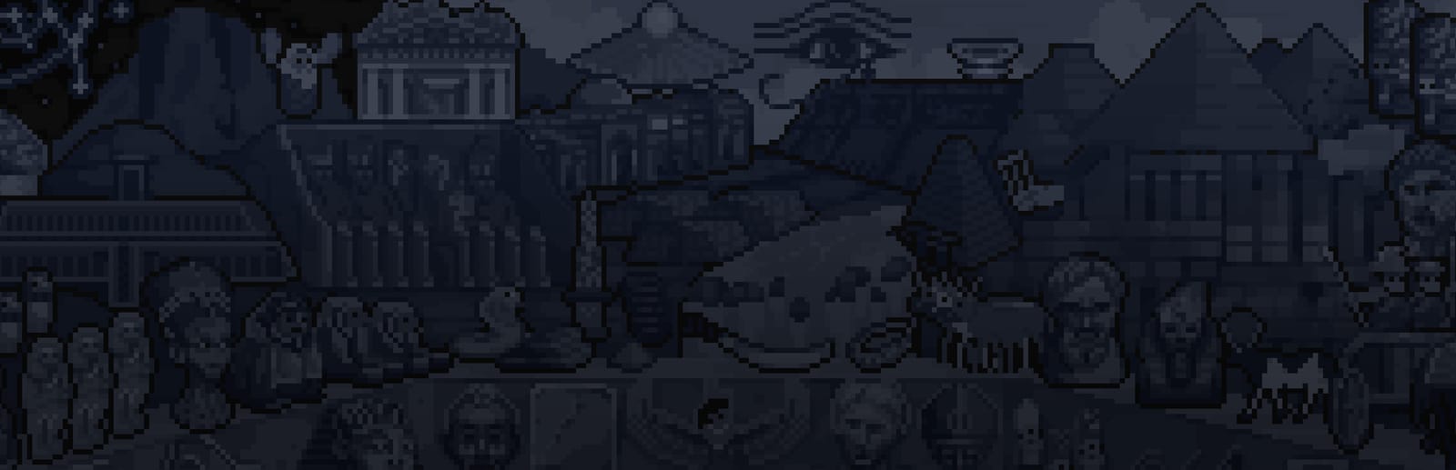 게임 『Mosaic of The Pharaohs』의 콘셉트 아트. 검푸른 모노톤으로, 이집트와 관련된 도안들의 도트로 된 그림.