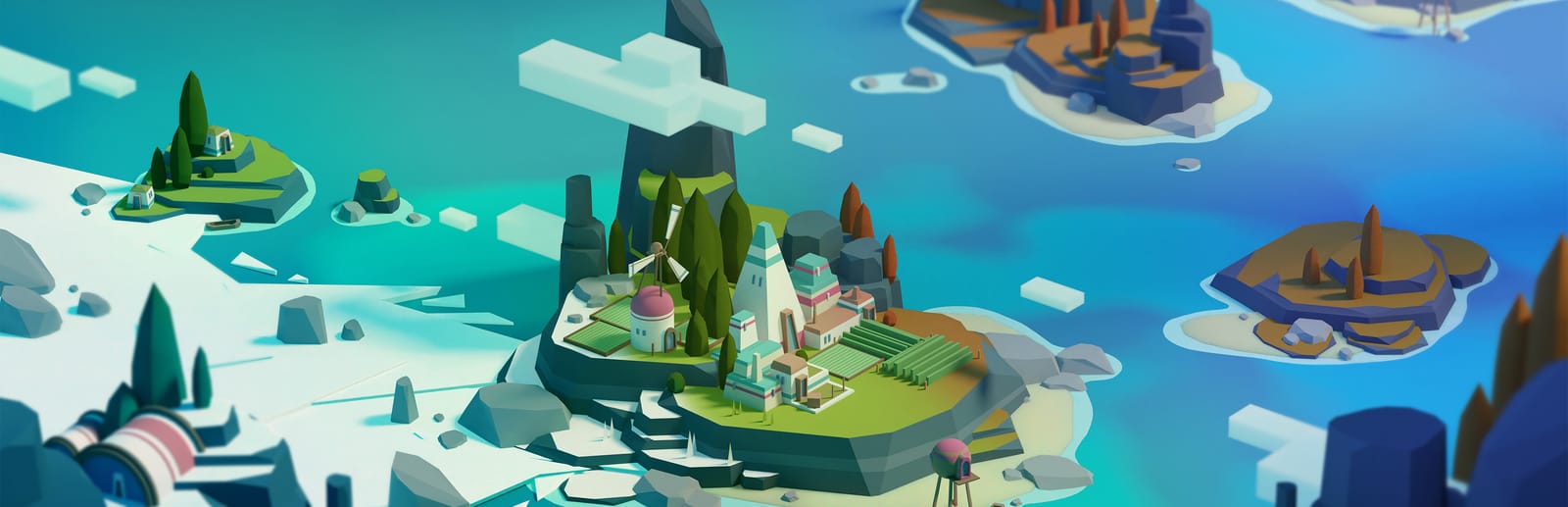 게임 『ISLANDERS』의 콘셉트 아트. 로우폴리곤 그래픽으로 꾸며진 바다 위의 섬, 나무, 건물, 농장들.