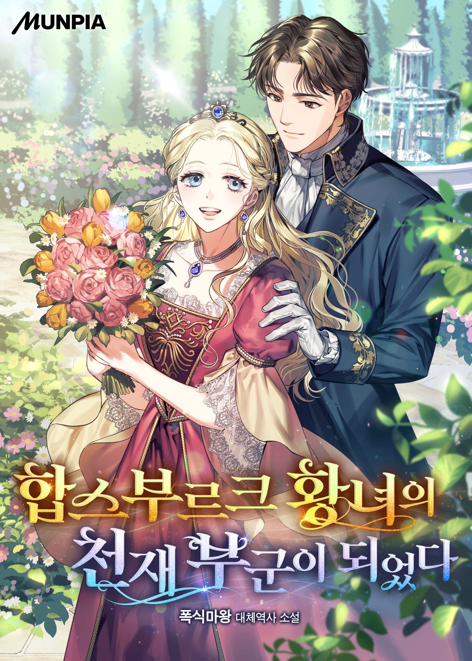 웹소설 『합스부르크 황녀의 천재 부군이 되었다』의 표지. 정원에서 금발의 여성이 꽃다발을 들고, 그 어깨를 흑발 남성이 뒤에서 안고 있는 빅토리아 시기 드레스 모습.