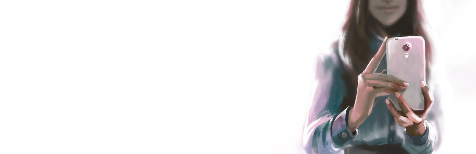 게임 『Another Lost Phone: Laura's Story』의 콘셉트 이미지. 흰 배경에 스마트폰 카메라로 이쪽을 찍고 있는 여성의 모습.