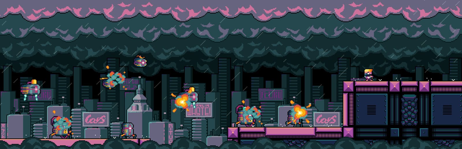 게임 『One Gun Guy』의 콘셉트 아트. 보라색과 회색 계통의 어두운 배경의 게임 스테이지에 플레이어 캐릭터와 폭발하는 적 캐릭터들이 배치되어 있다.