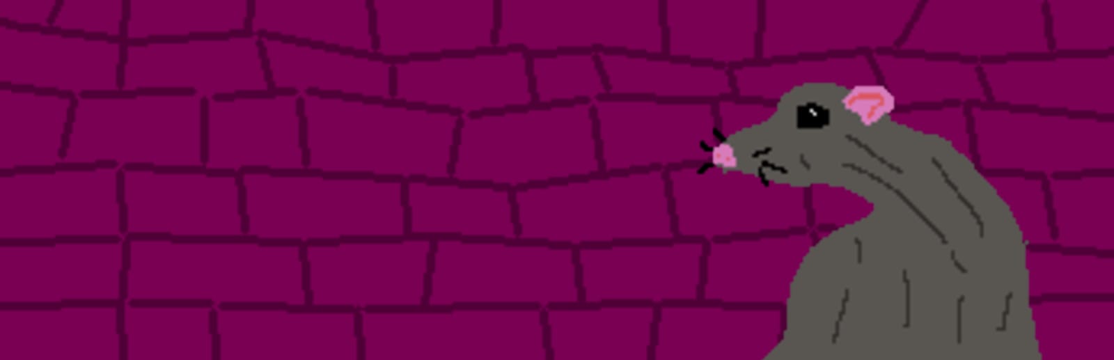 게임 『Rat Quest』의 콘셉트 이미지. 그림판으로 그린 듯한 그림. 자주색 벽돌벽을 배경으로 기괴하게 마른 회색 쥐의 그림.