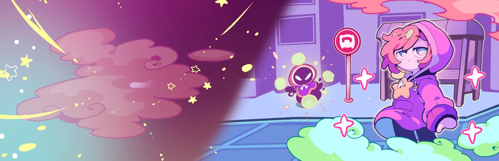 게임 『Dreamsweeper』의 콘셉트 아트. 분홍/자주색 계열 느낌으로 구름과 별, 도시에 서 있는 여자아이와 몬스터의 모습이 대비되는 이미지.