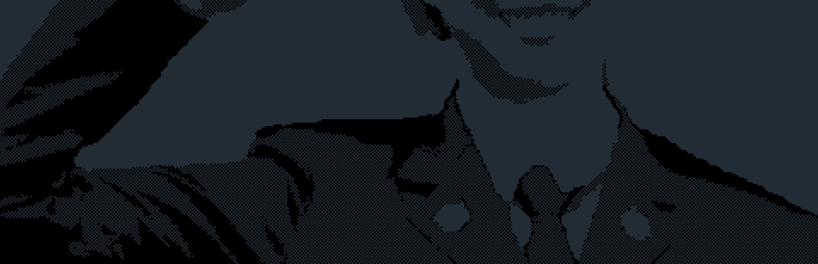 게임 『리갈 던전』의 콘셉트 아트. 옷깃장이 붙은 제복을 입은 사람이 경례하며 웃고 있는 모습이 코 아래부터 가슴 위까지 보이게 크롭된 단색 점묘화.