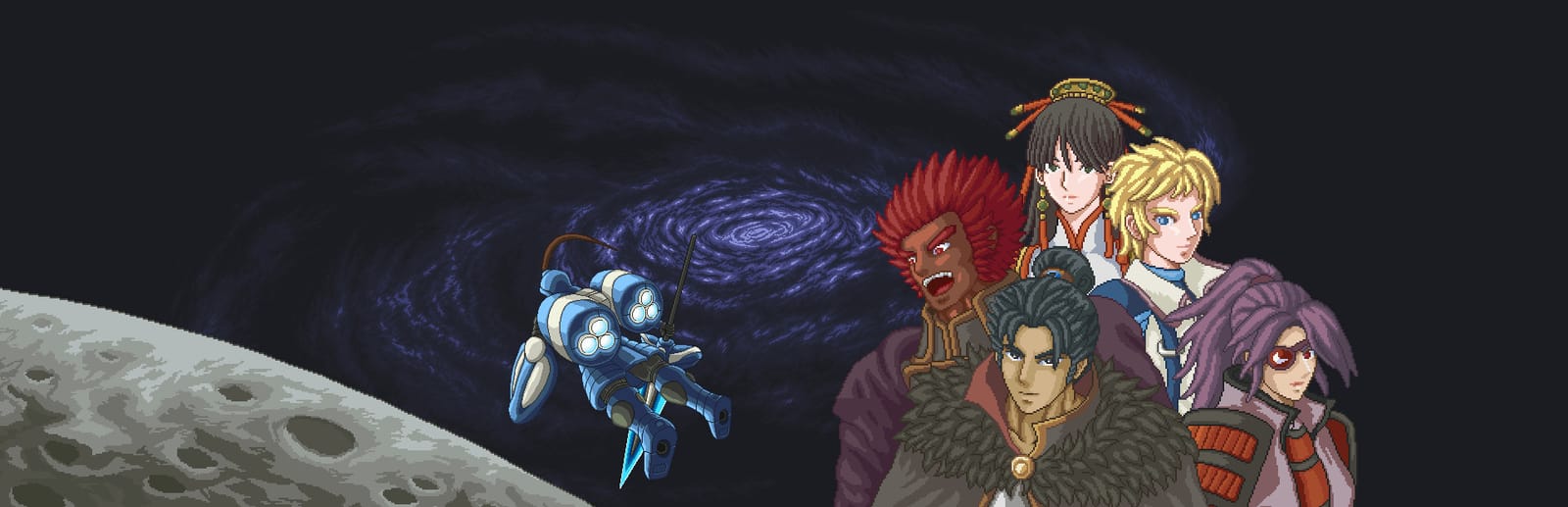 게임 『Chaos Galaxy 2』의 콘셉트 아트. 우주에 떠 있는 인간형 로봇과 다양한 복장의 인물들이 모여 있는 일러스트.