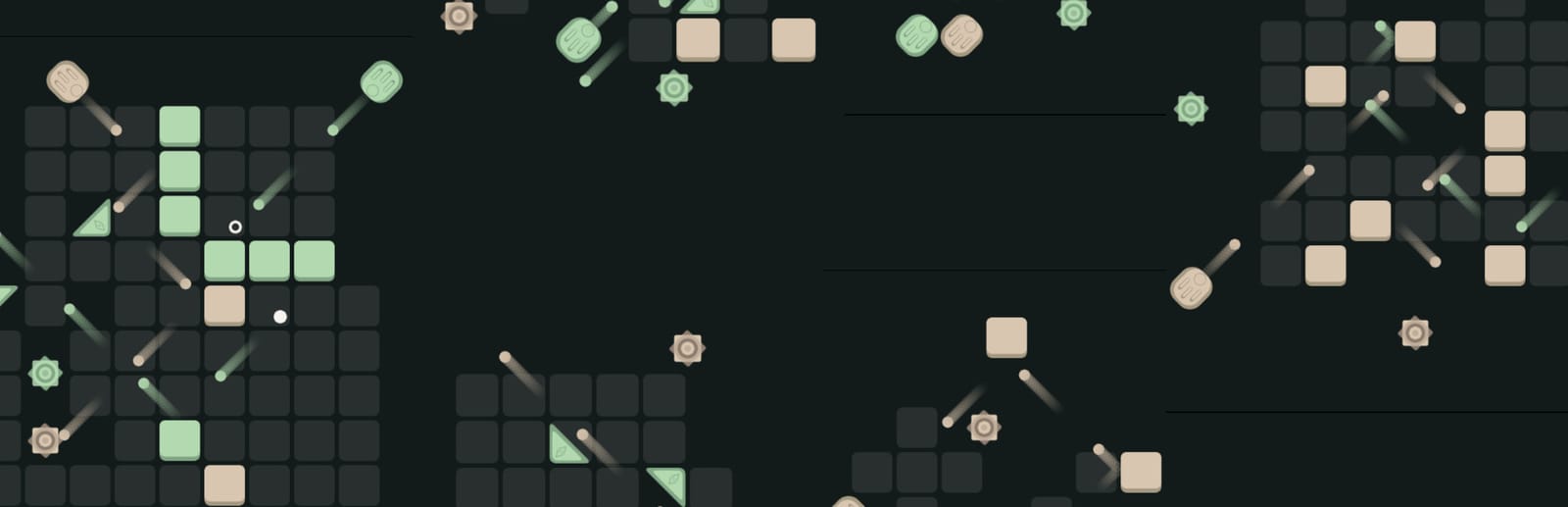 게임 『Blokker』의 콘셉트 아트. 어두운 배경에 회색 격자 칸과, 연한 연두색/다홍색 칸과 쏘아지고 있는 공의 대각선 방향 궤적들.