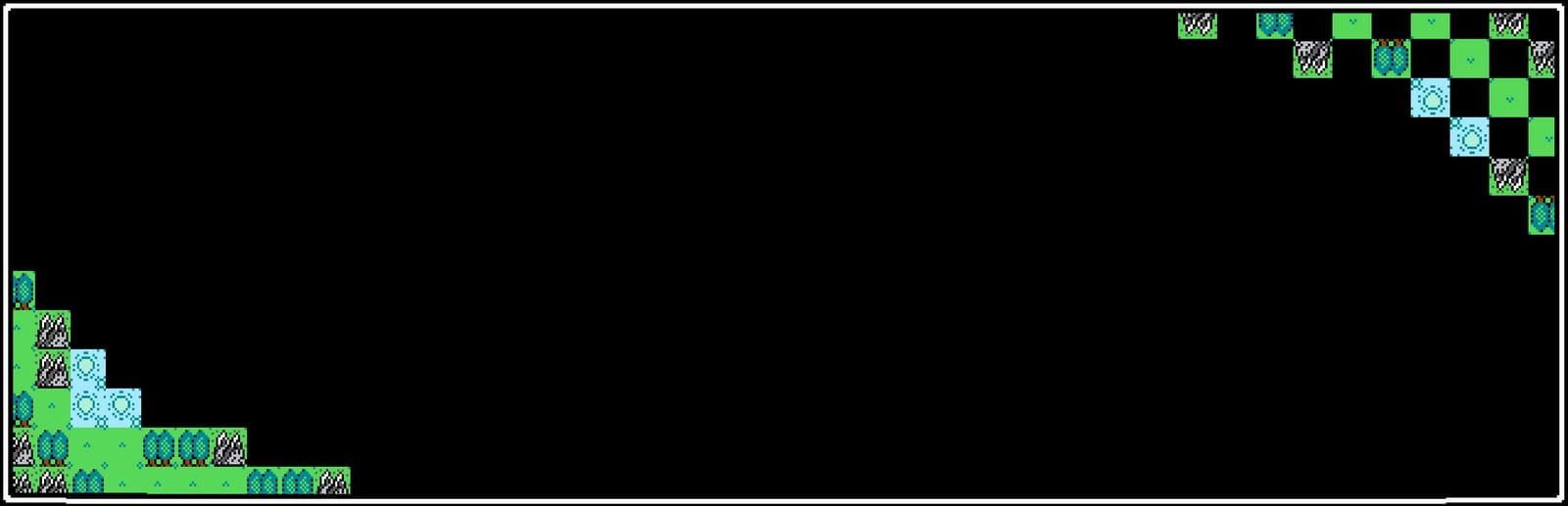 게임 『Splintered』의 콘셉트 아트. 검은 배경에 대각선 모서리를 도트로 된 초원, 숲, 마을 등의 도트로 채운 모양.