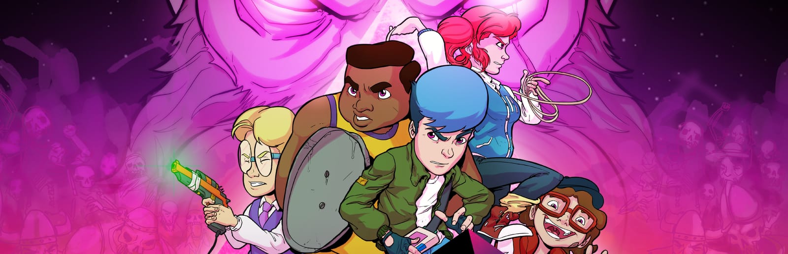 게임 『Crossing Souls』의 콘셉트 아트. 총을 든 금발 소년, 체격이 좋은 흑인 소년, 푸른 머리의 카세트를 든 소년, 채찍을 든 붉은 머리 소녀, 붉은 안경을 낀 꼬마아이가 수염 난 남자를 배경으로 전투 자세를 취한 일러스트.