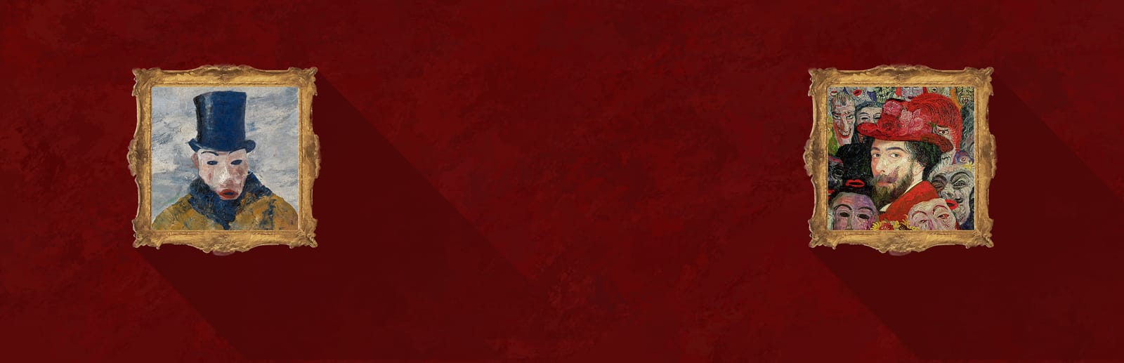 게임 『Please, Touch The Artwork 2』의 콘셉트 아트. 붉은 벽에 걸린 두 액자에 각각 푸른 실크햇을 쓴 광대, 붉은 모자를 쓴 남자의 초상화가 그려져 있는 이미지.