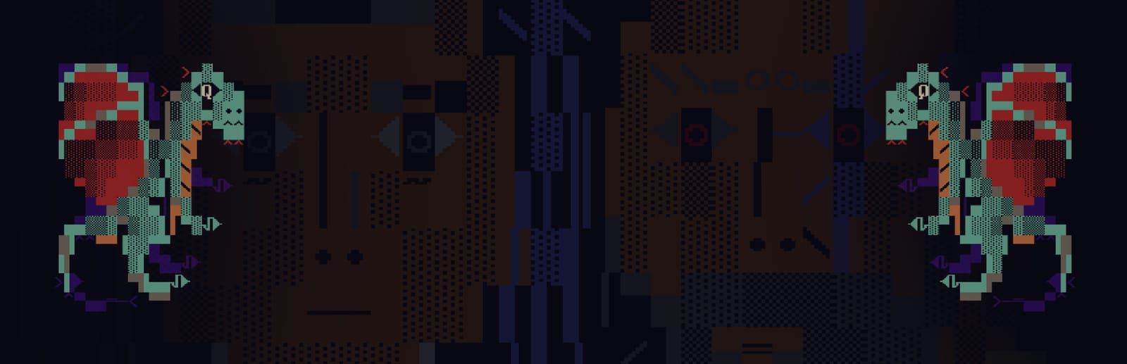 게임 『Whispers in the Moss』의 콘셉트 아트. 좌우로 마주보고 있는 드래곤이 사람 얼굴의 어두운 배경 앞에 있는 컬러 아스키 아트 일러스트.