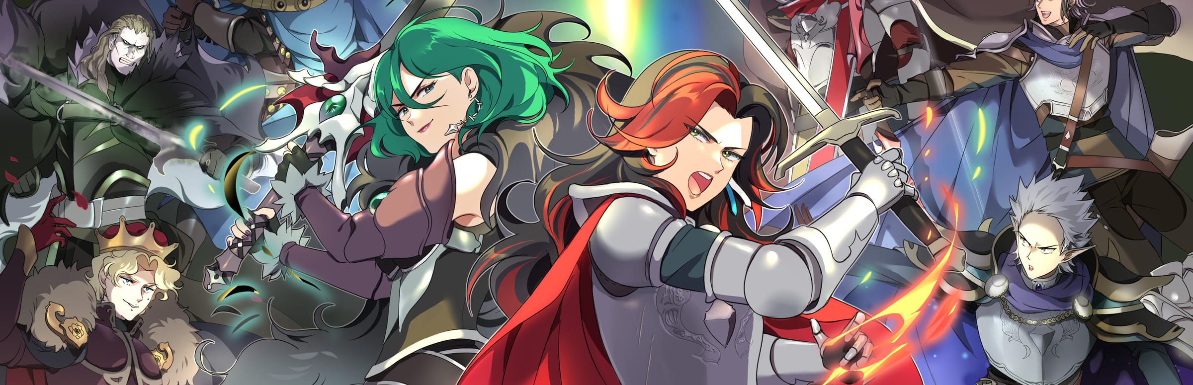게임 『Dark Deity 2』의 콘셉트 아트. 등지고 전투 자세를 취한 두 검사와 그 주변의 여러 캐릭터들.
