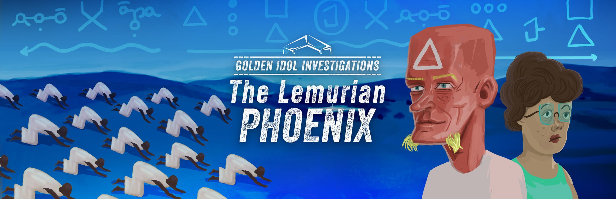 게임 『Golden Idol Investigations - The Lemurian Phoenix』의 콘셉트 이미지. 파란 도형과 지형, 흰 옷을 입은 검은 피부의 종교인들, 두 명의 캐릭터 이미지.