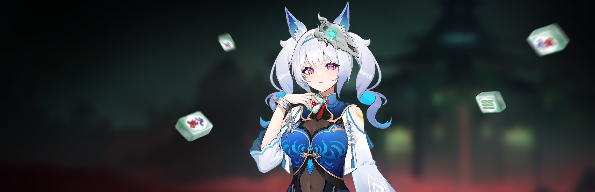게임 『Demonic Mahjong』의 콘셉트 이미지. 어두운 하늘 흐릿한 건물을 배경으로, 떠 있는 마작패와 함께 마작패를 쥐고 있는 여성 캐릭터의 이미지.