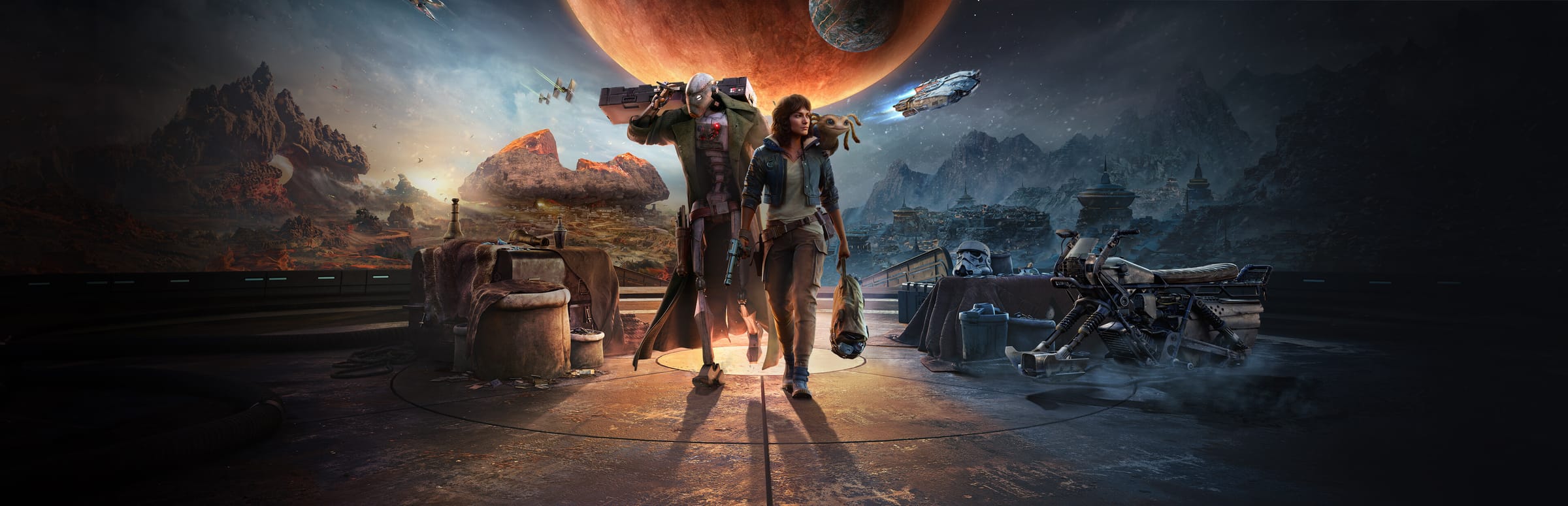 게임 『Star Wars Outlaws』의 콘셉트 이미지. 여성 주인공과 기계 캐릭터가 정면을 향해 걷고 있고 그 주변으로 호버 바이크, 우주, 산악 지형이 비치고 있다.