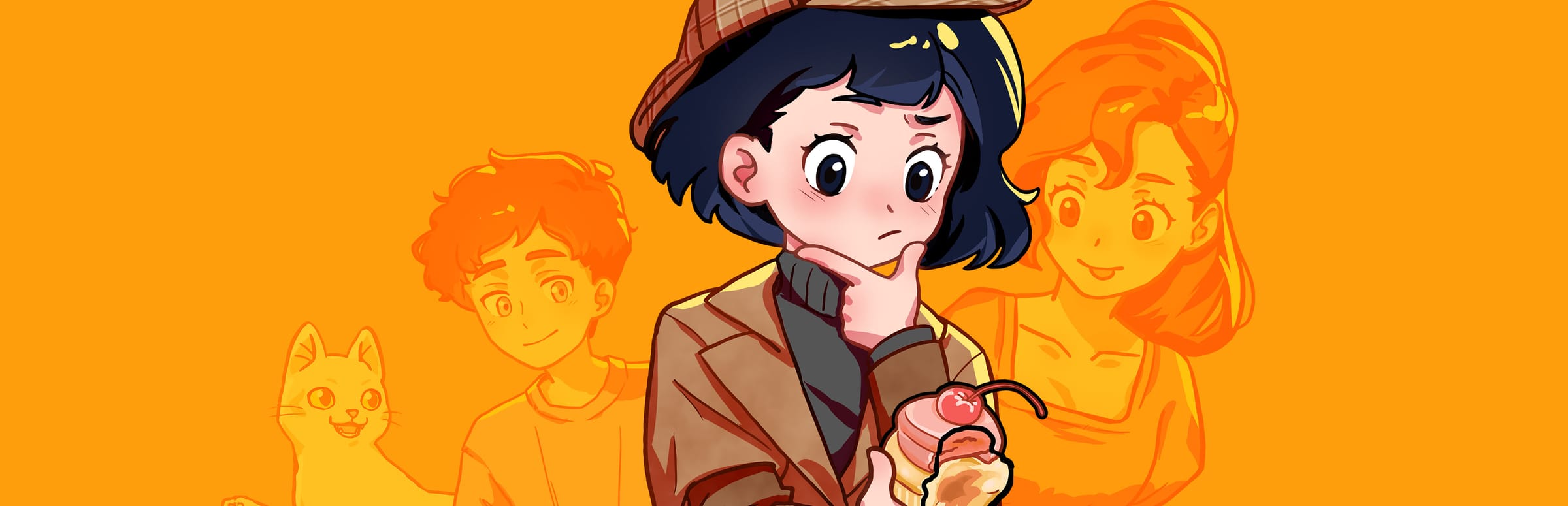 게임 『Little Problems』의 콘셉트 이미지. 오렌지색 배경의 등장인물, 고양이를 배경으로, 반쯤 먹힌 컵케이크를 들고 고민하는 탐정처럼 차려입은 여성의 귀여운 일러스트.