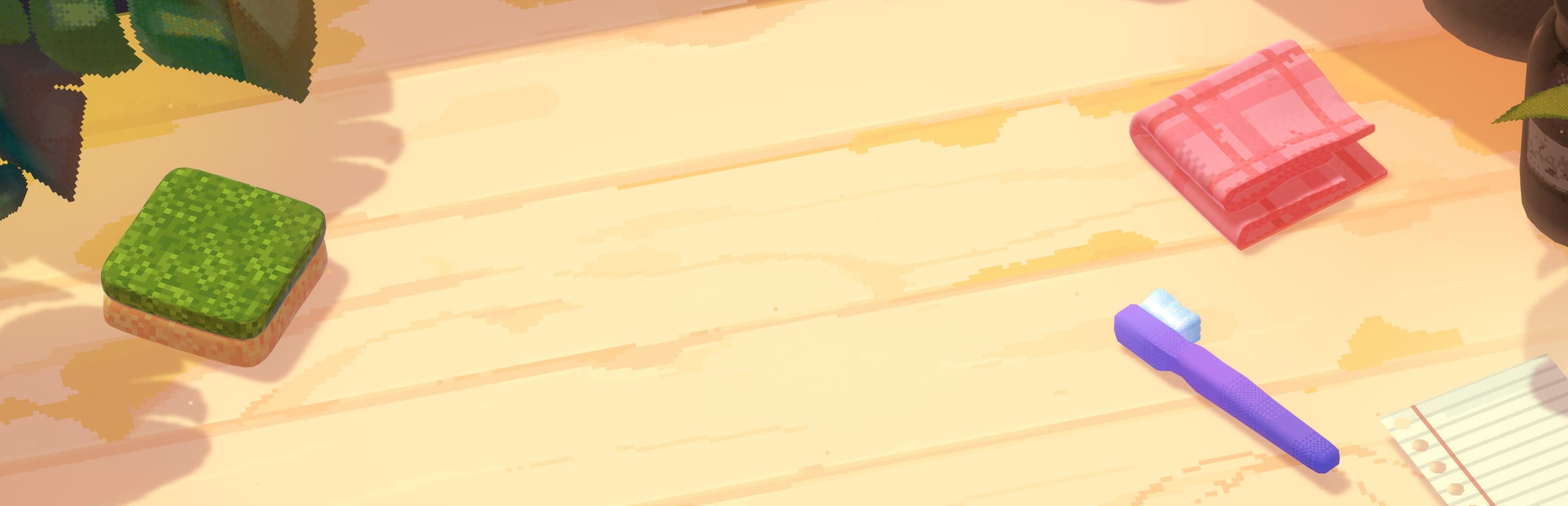 게임 『언더스티드: 과거에서 온 편지』의 콘셉트 이미지. 나무 탁자 위에 스펀지, 칫솔, 헝겊 등이 놓여 있다.