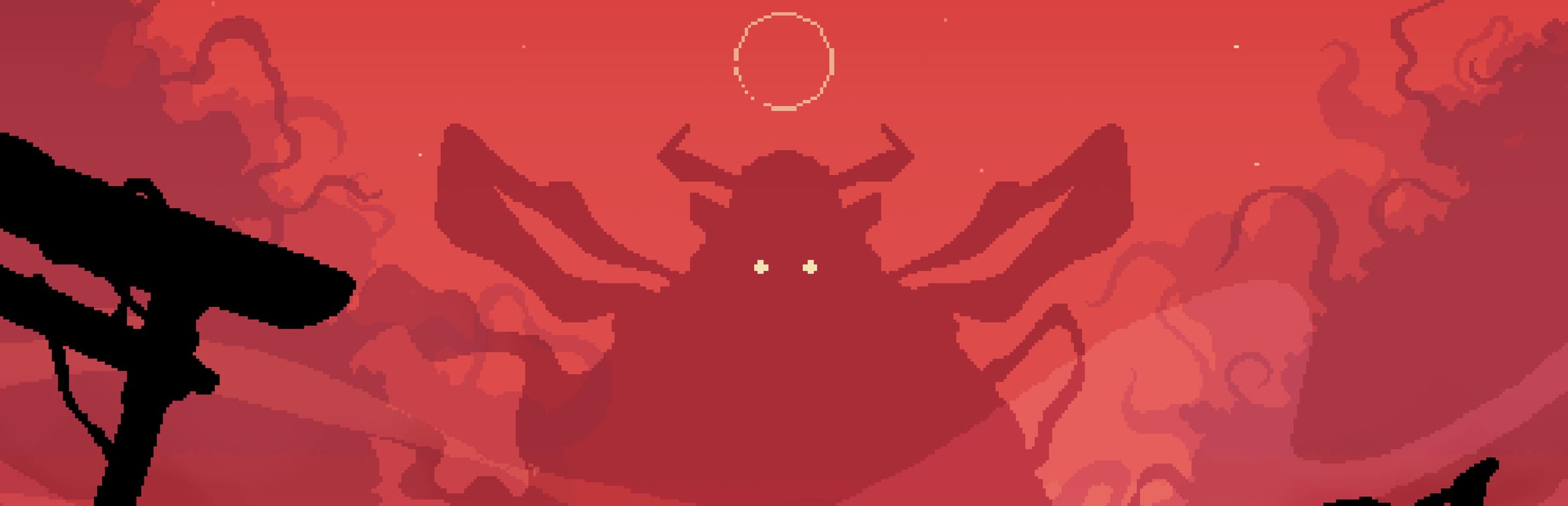 게임 『Shogun Showdown』의 콘셉트 이미지. 붉은 하늘에 지렁이같은 것들이 꿈틀거리고 전국시대의 갑옷의 그림자에서 두 눈이 빛나고 있는 모습.