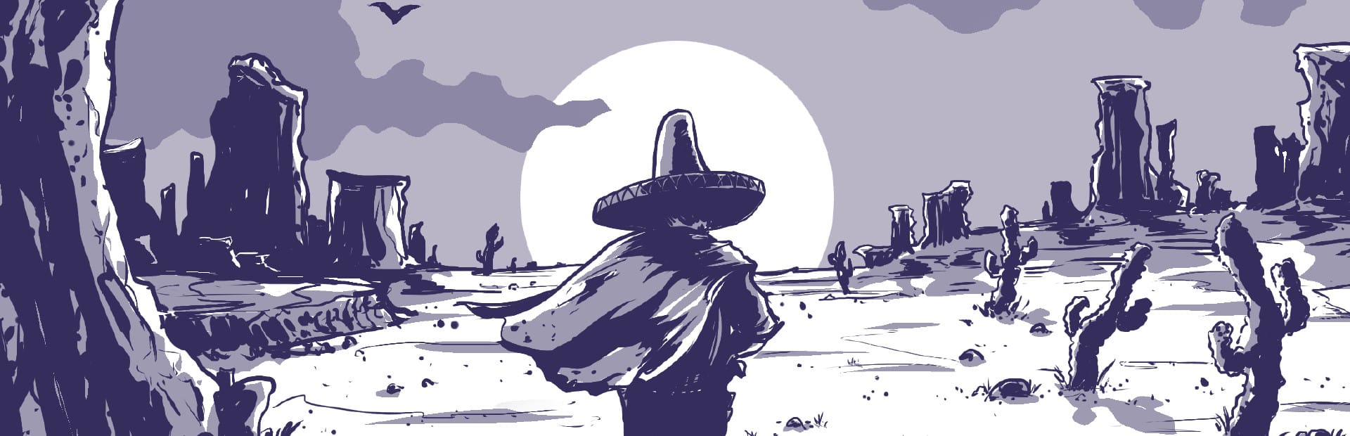 게임 『12 is Better Than 6』의 콘셉트 아트. 황야에 석양을 보고 선 볼레로를 쓴 남성의 뒷모습이 모노톤으로 묘사된 그림.