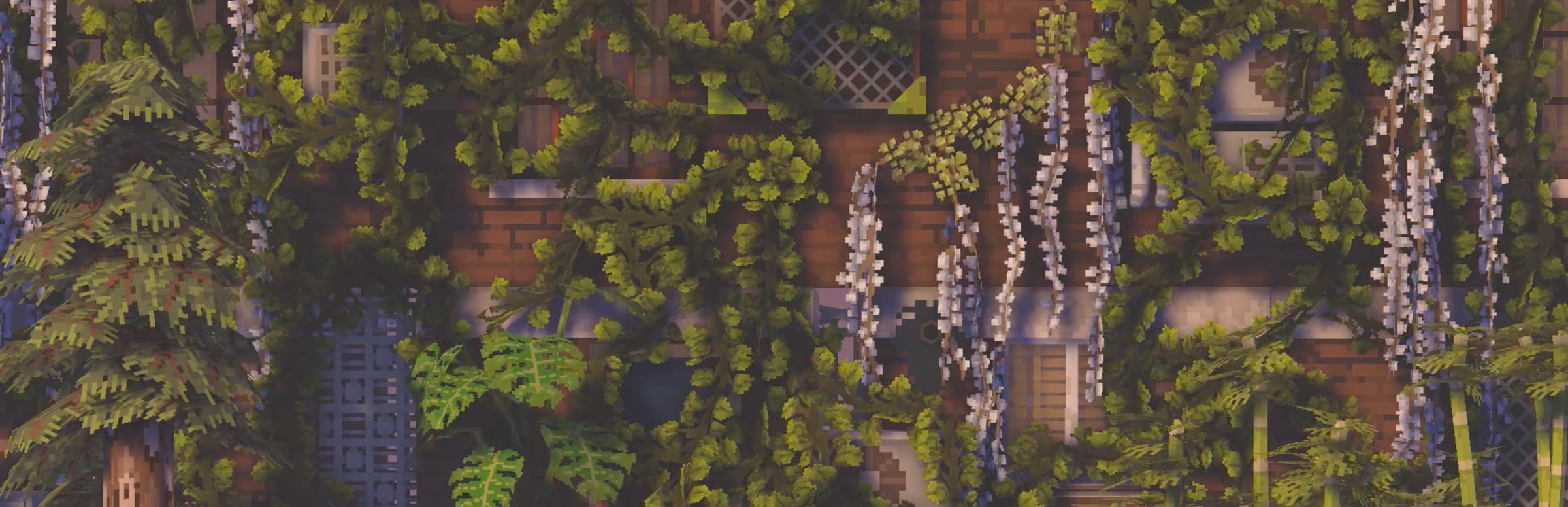 게임 『Cloud Gardens』의 콘셉트 이미지. 나무/벽돌벽에 덩굴식물이 잔뜩 자라 있는 모습.