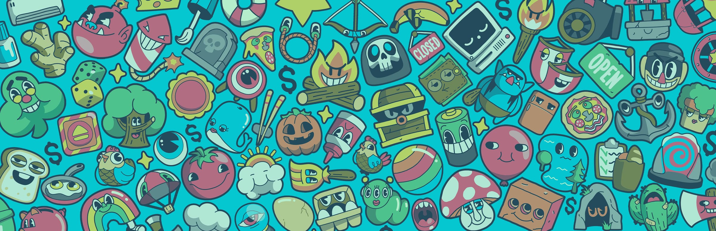 게임 『Ballionaire』의 콘셉트 아트. 다양한 모양과 색의 얼굴이 달린 각종 사물 아이콘이 빼곡하게 들어찬 모습.