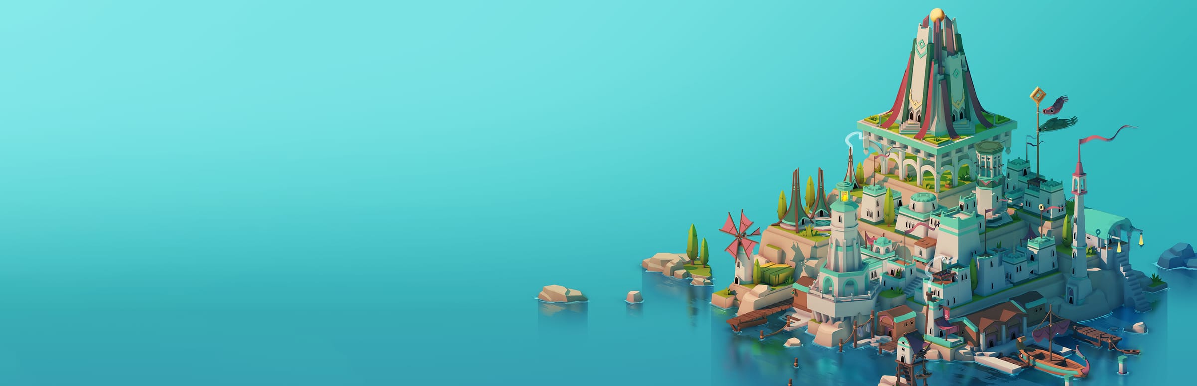 게임 『ISLANDERS: New Shores』의 콘셉트 아트. 하늘색 바다 위에 다양한 색의 건물로 빼곡한 섬이 있는 모습.