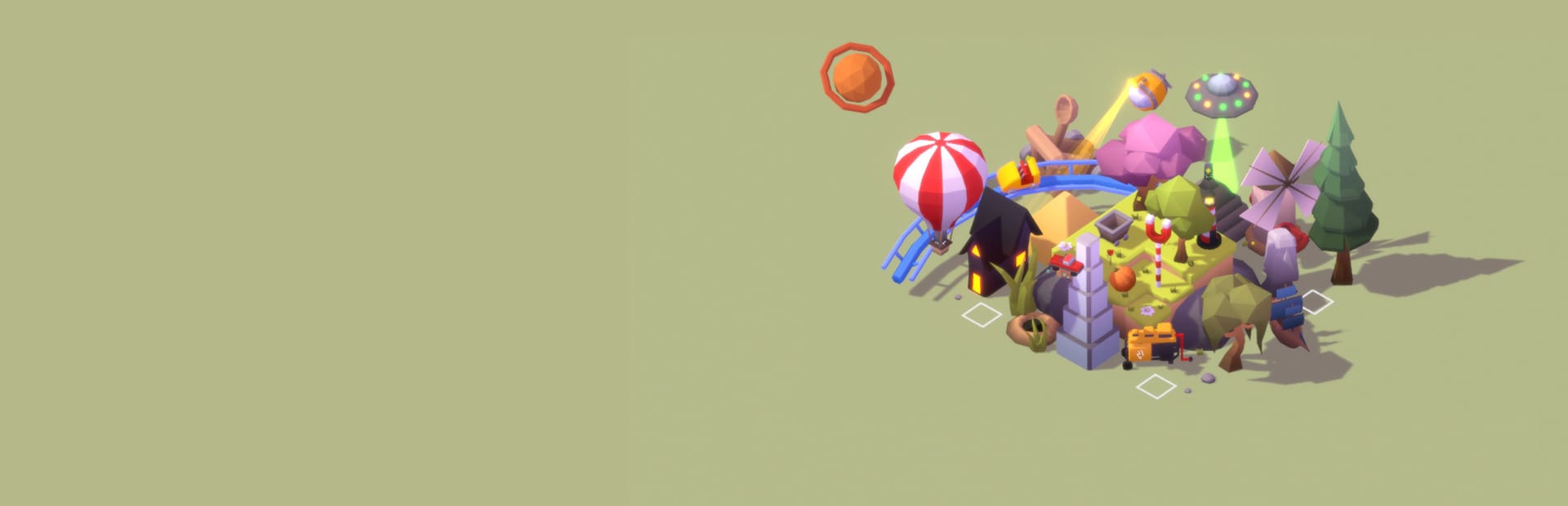 게임 『Sizeable』의 콘셉트 아트. 로폴리 3D 모델로 된 다양한 지형지물이 옹기종기 모여 있는 모습.