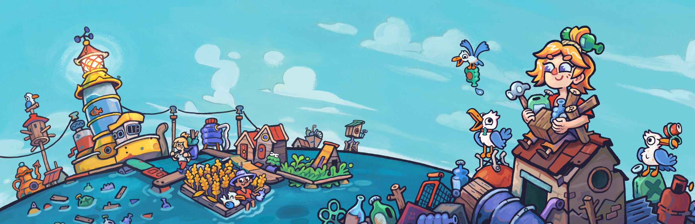 게임 『부유도시』의 콘셉트 아트. 온갖 쓰레기가 떠있는 바다를 배경으로 떠 있는 도시와 쓰레기섬 위의 집과 캐릭터, 동물들의 이미지.