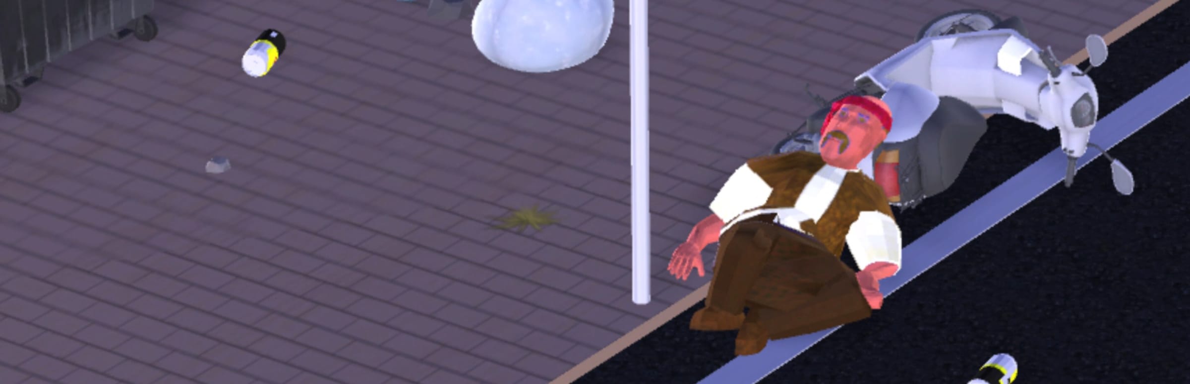 게임 『Drunken way to Home』의 콘셉트 이미지. 3D 모델링으로 된 도시의 인도와 차도 사이에 술에 취한 듯 얼굴이 붉고 넥타이를 머리에 맨 중년이 쓰러진 오토바이를 베고 누워있는 이미지.