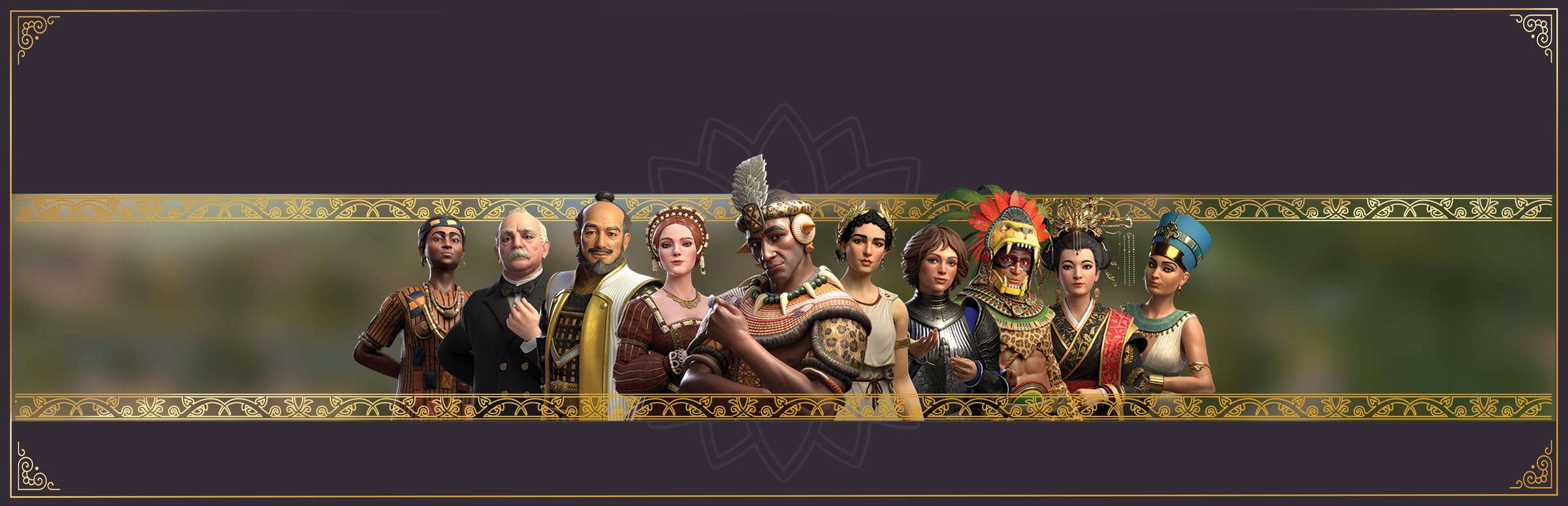 게임 『Ara: History Untold』의 콘셉트 이미지. 금색 띠 안에 지도를 배경으로 여러 민족의 대표자들이 늘어선 모습.