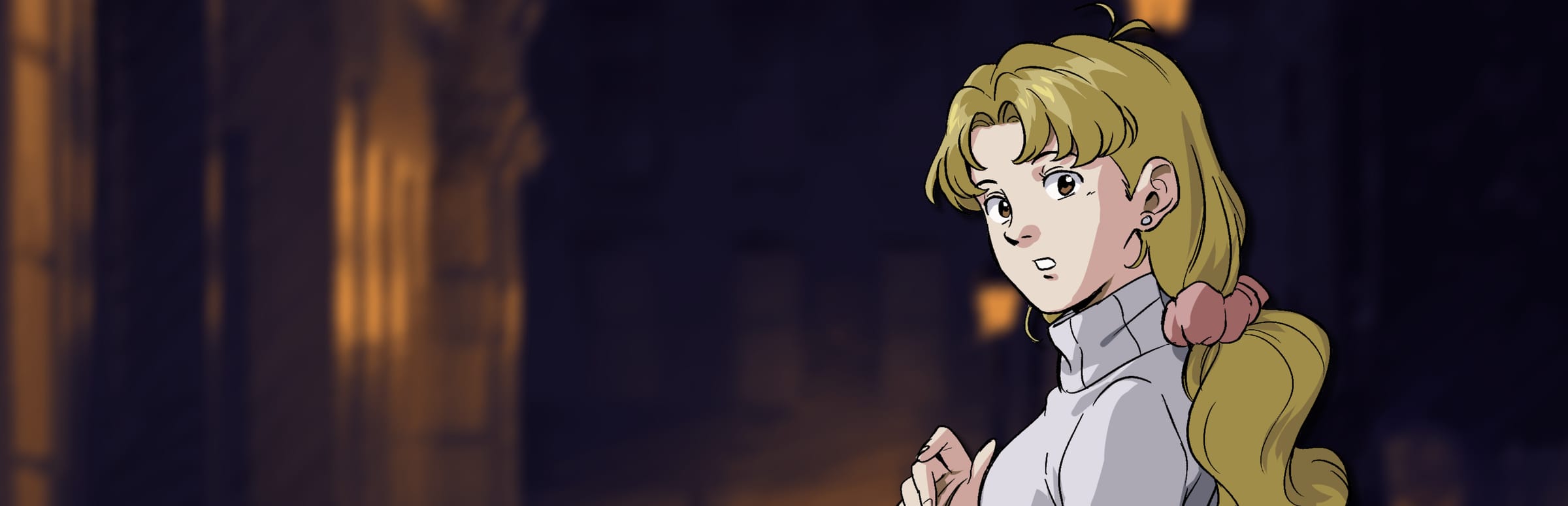 게임 『Detective Instinct: Farewell, My Beloved』의 콘셉트 아트. 어두운 배경에 이쪽을 돌아보고 있는 금발의 여성의 모습.