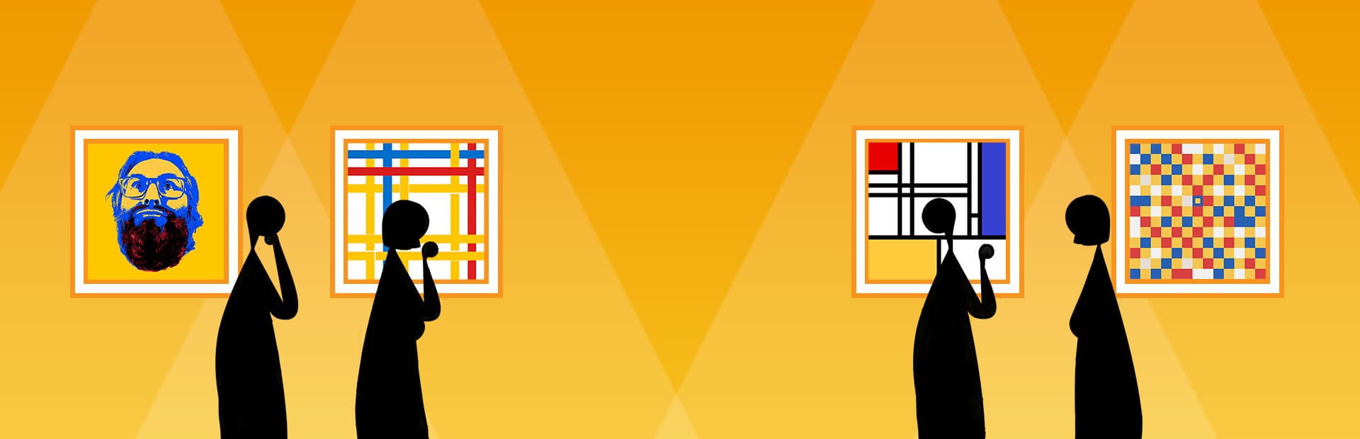 게임 『Please, Touch The Artwork』의 콘셉트 아트. 네 장의 그림이 걸려있는 미술관같은 공간에서 검은 실루엣으로 표시된 네 명의 사람이 그림을 감상하는 듯한 모습.