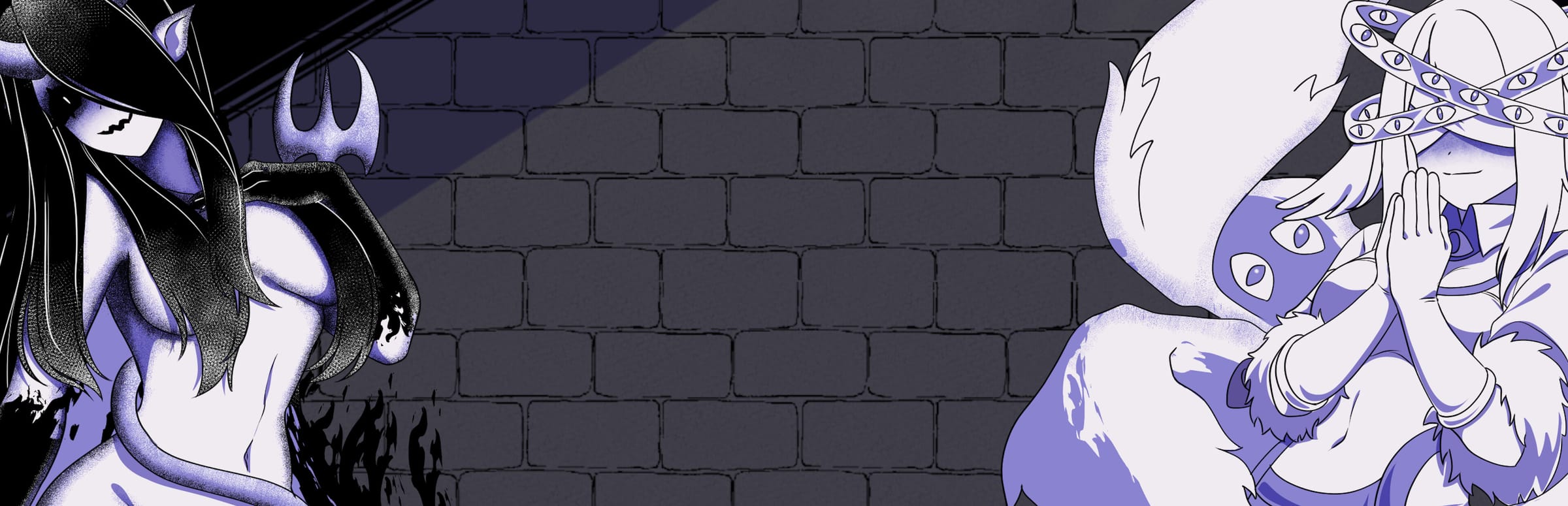 게임 『Anomalous Coffee Machine 2』의 콘셉트 아트. 회색 벽돌벽을 배경으로 천사같은 여성 캐릭터와 악마같은 여성 캐릭터가 좌우로 배치된 모습.