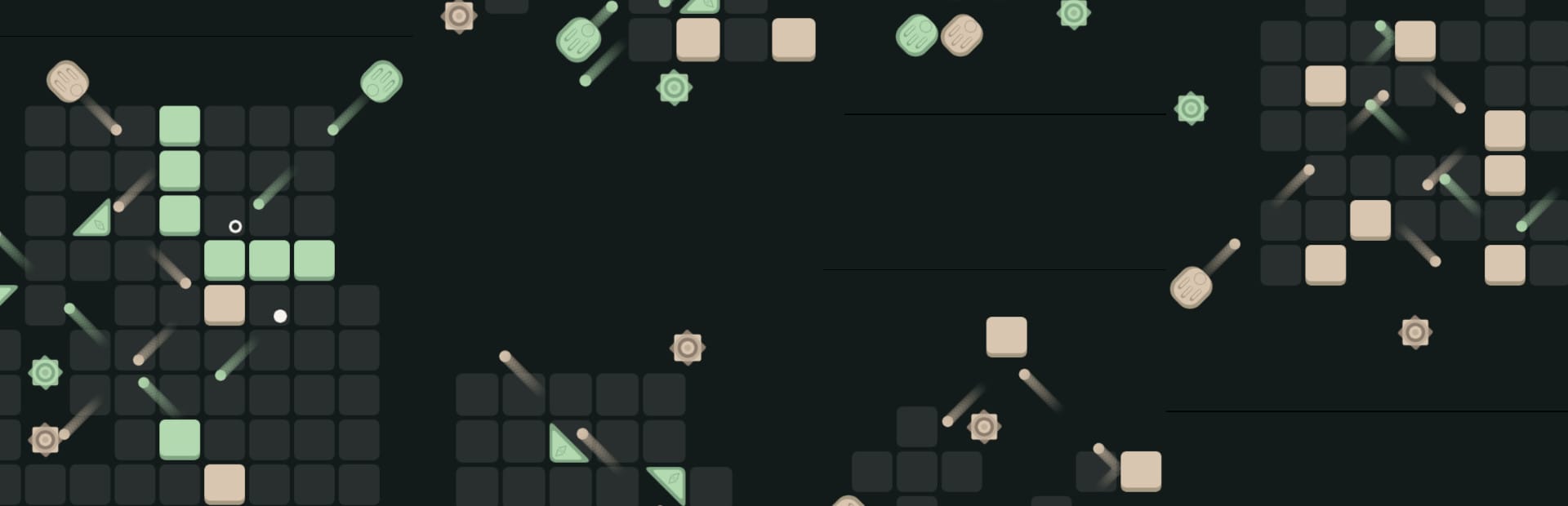 게임 『Blokker』의 콘셉트 아트. 어두운 배경에 회색 격자 칸과, 연한 연두색/다홍색 칸과 쏘아지고 있는 공의 대각선 방향 궤적들.